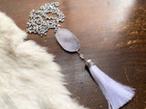 Mala inspired necklace with white druzy and rainbow moonstone