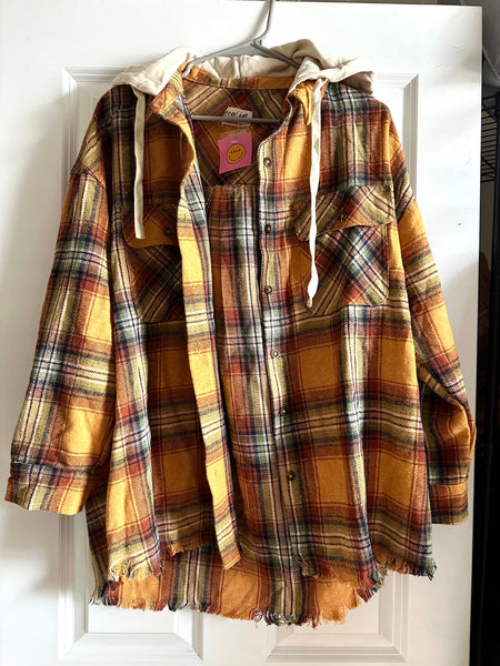 Dressed in LALA yellow plaid hooded flannel shirt jacket size medium NWT