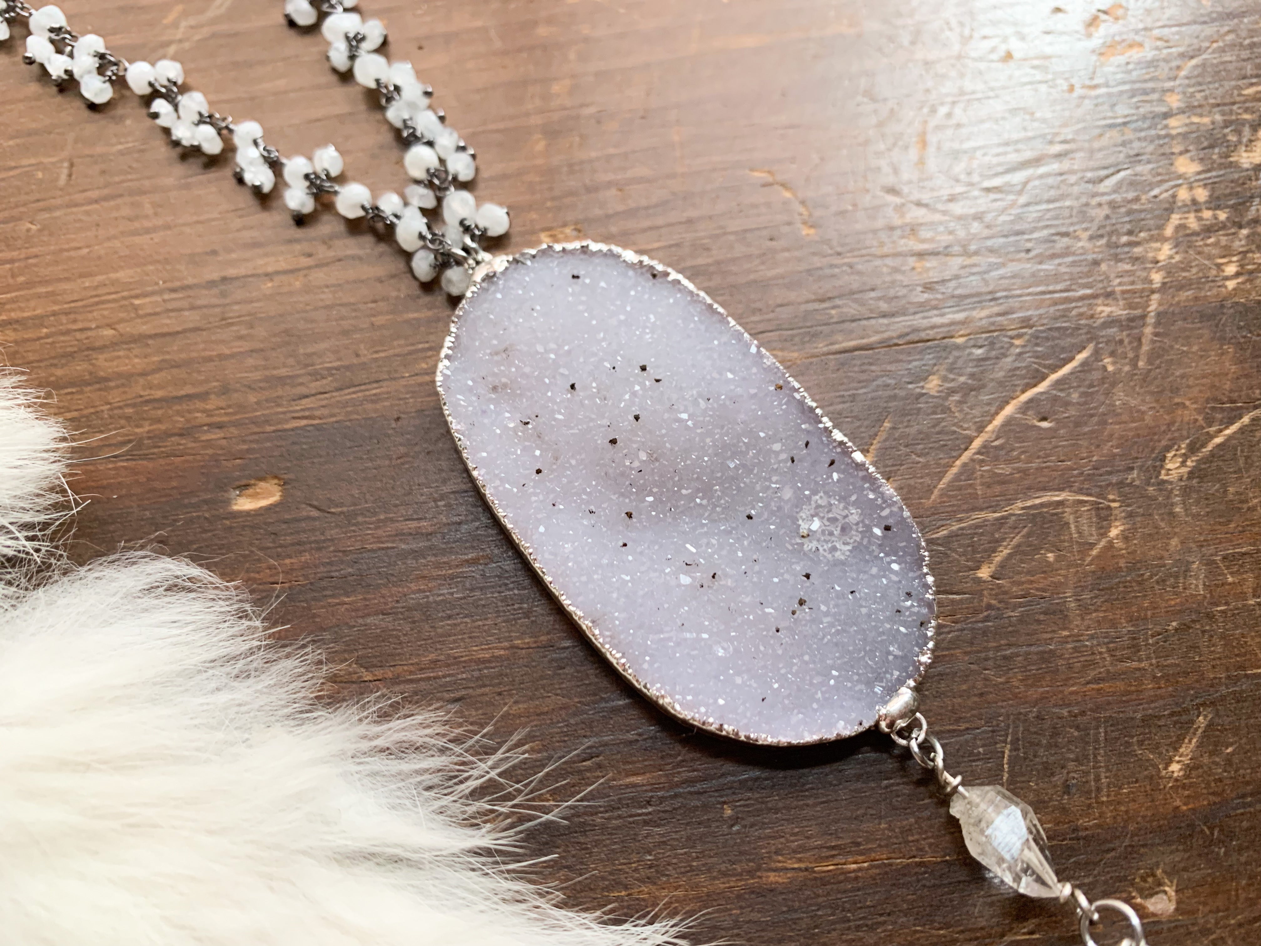 Mala inspired necklace with white druzy and rainbow moonstone