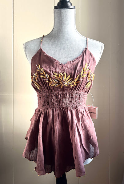 Free People intimately free embroidered strappy beaded tank top in brown NWT size M