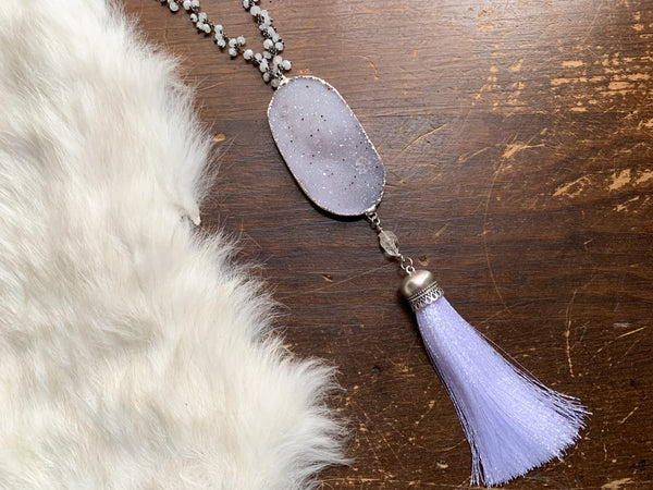 Mala inspired necklace with white druzy and rainbow moonstone