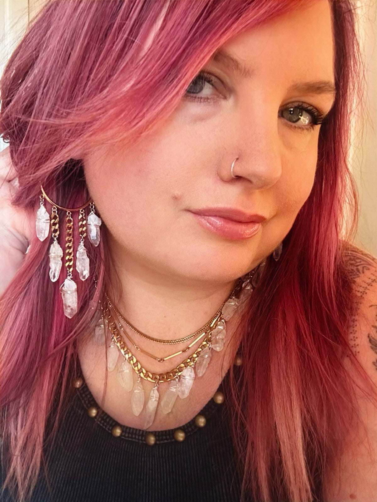 Queen of the Ancients- tibetan quartz gold hoop earrings