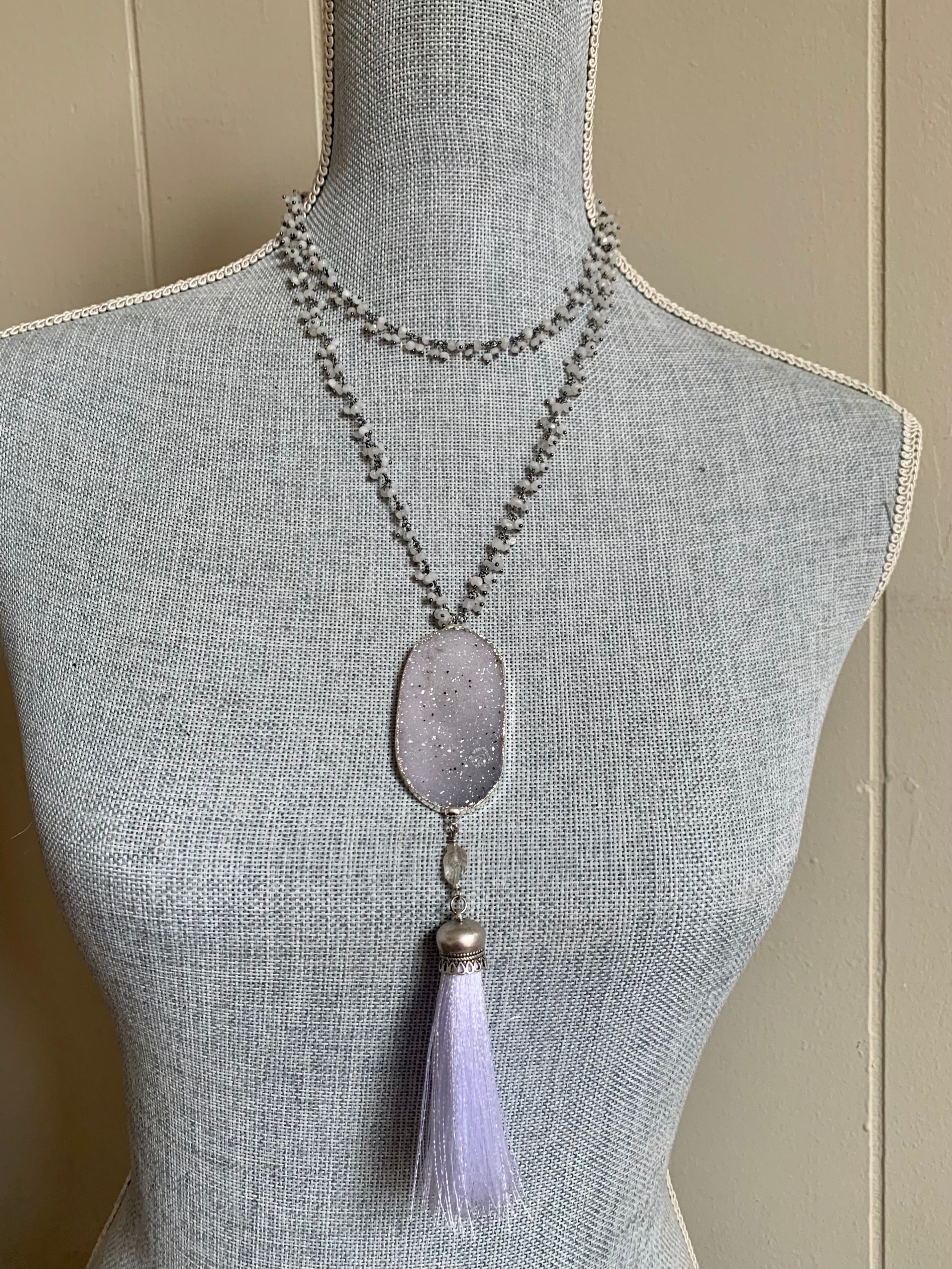 Mala inspired necklace with white druzy and rainbow moonstone