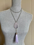 Mala inspired necklace with white druzy and rainbow moonstone