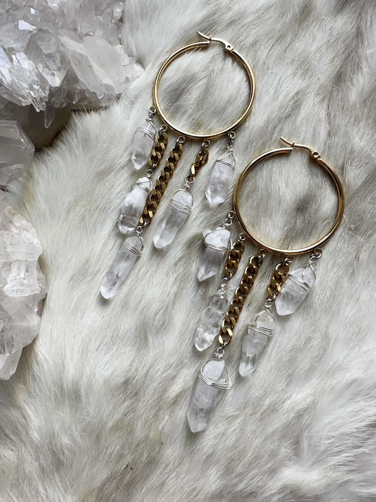 Queen of the Ancients- tibetan quartz gold hoop earrings