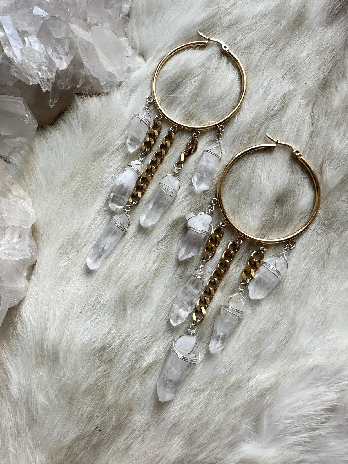 Queen of the Ancients- tibetan quartz gold hoop earrings