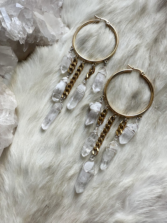 Queen of the Ancients- tibetan quartz gold hoop earrings