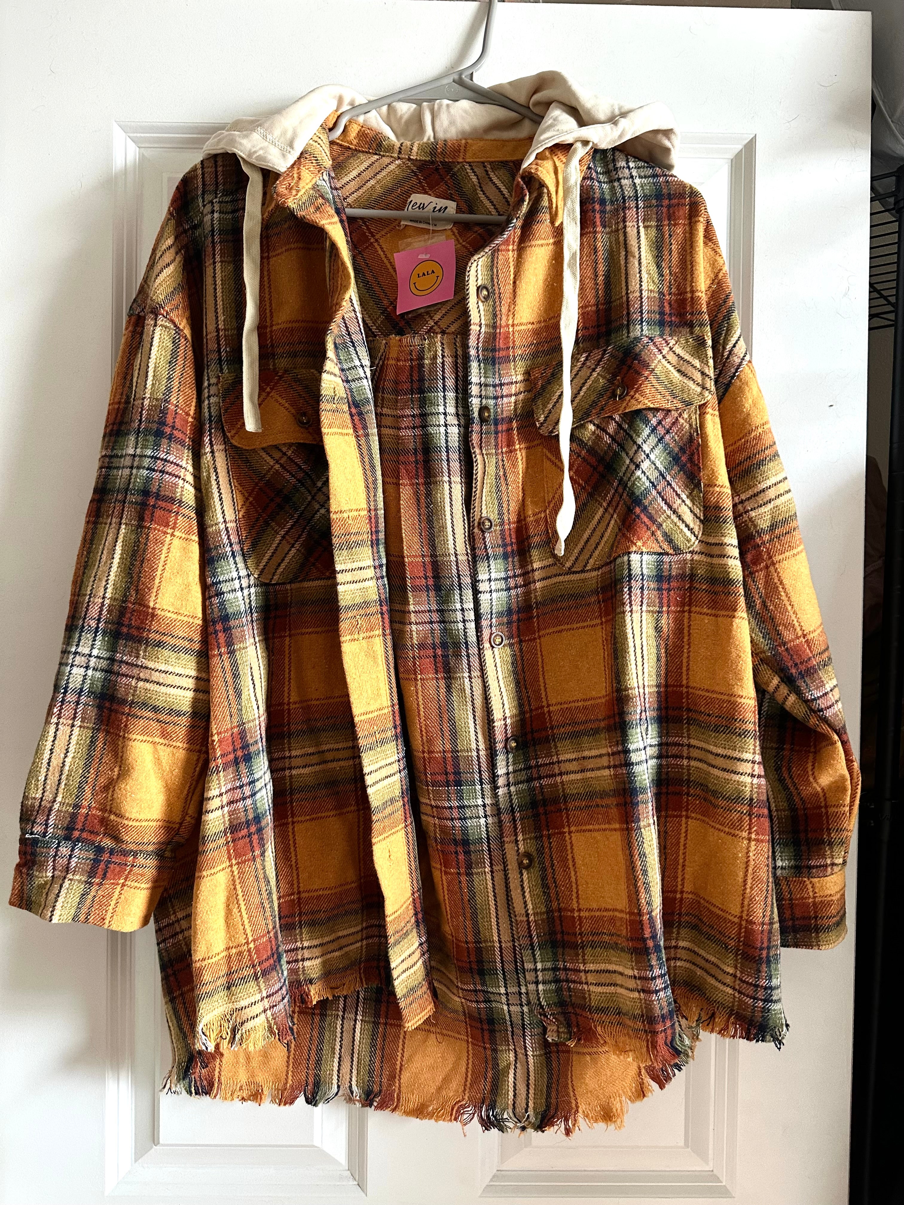 Dressed in LALA yellow plaid hooded flannel shirt jacket size medium NWT