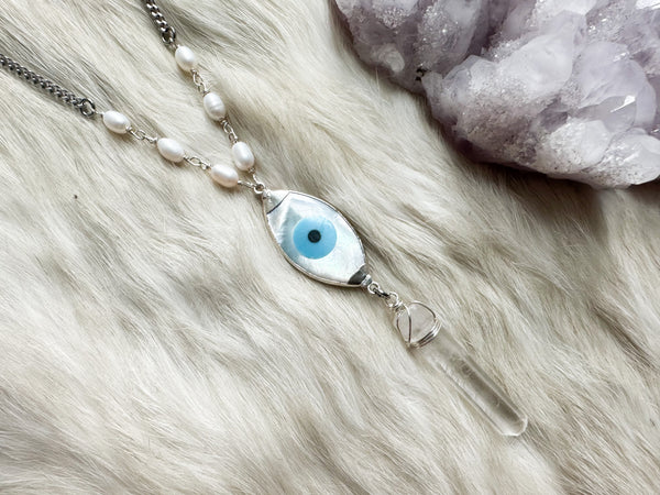 Eye of Protection crystal necklace with freshwater pearls