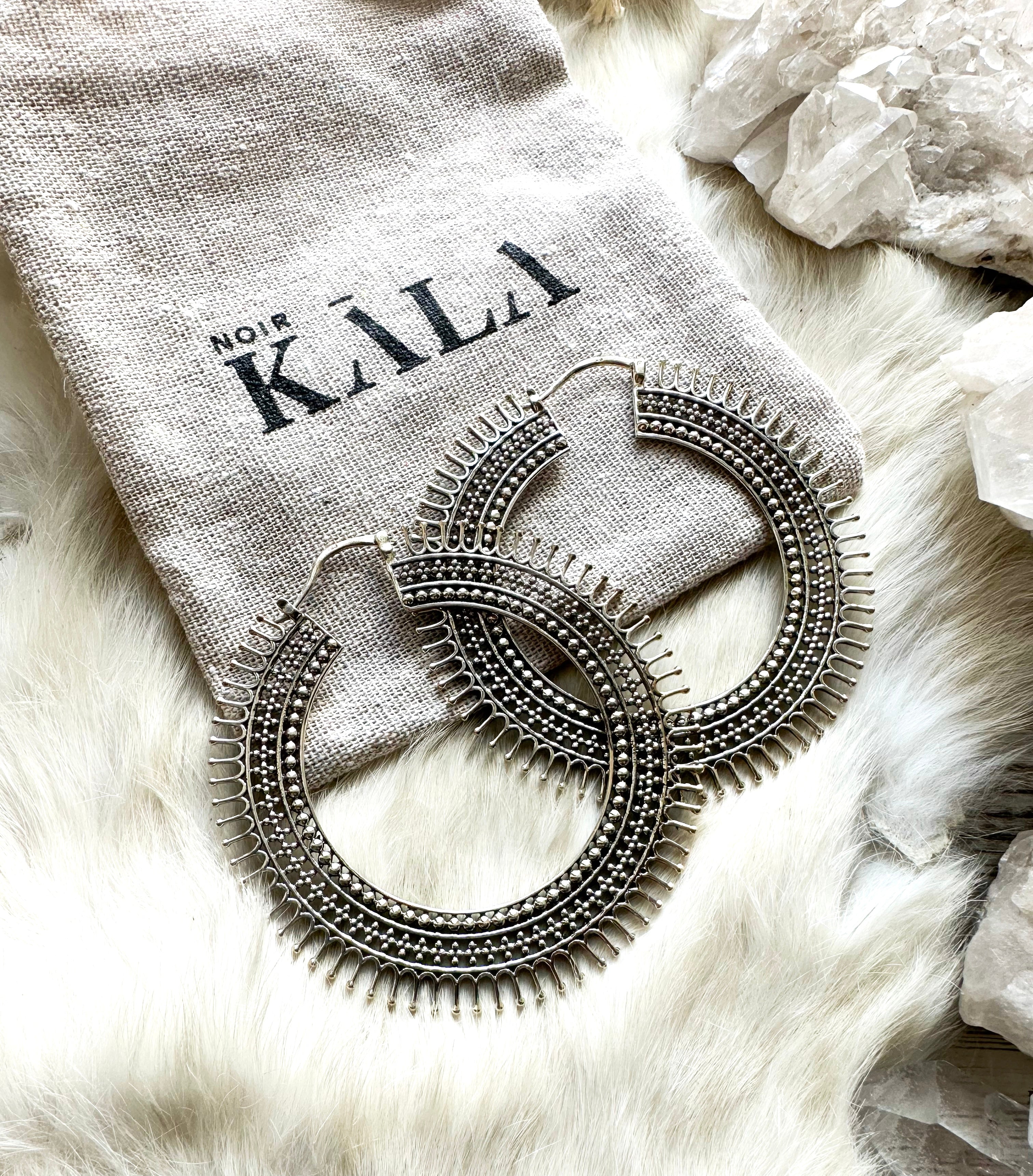 Noir Kala Adita large sterling silver tribal hoop earrings brand new