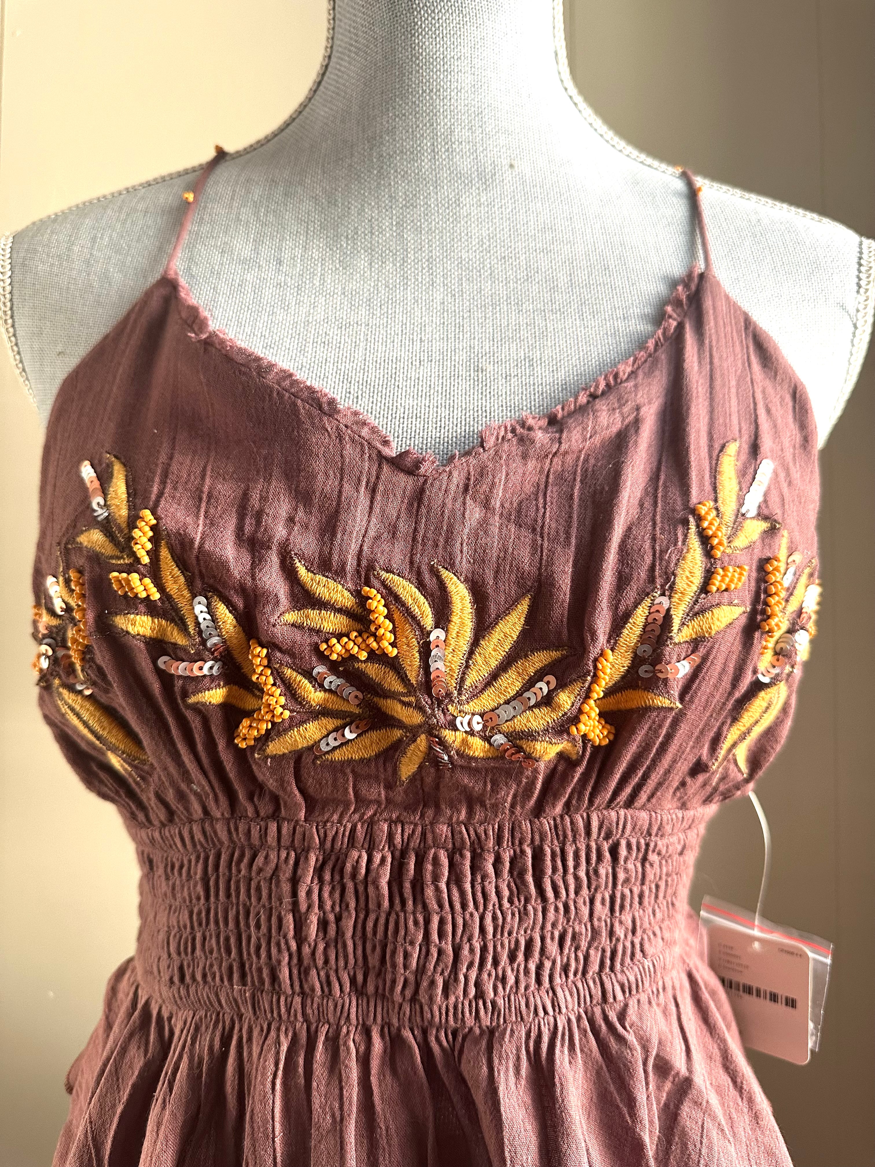 Free People intimately free embroidered strappy beaded tank top in brown NWT size M