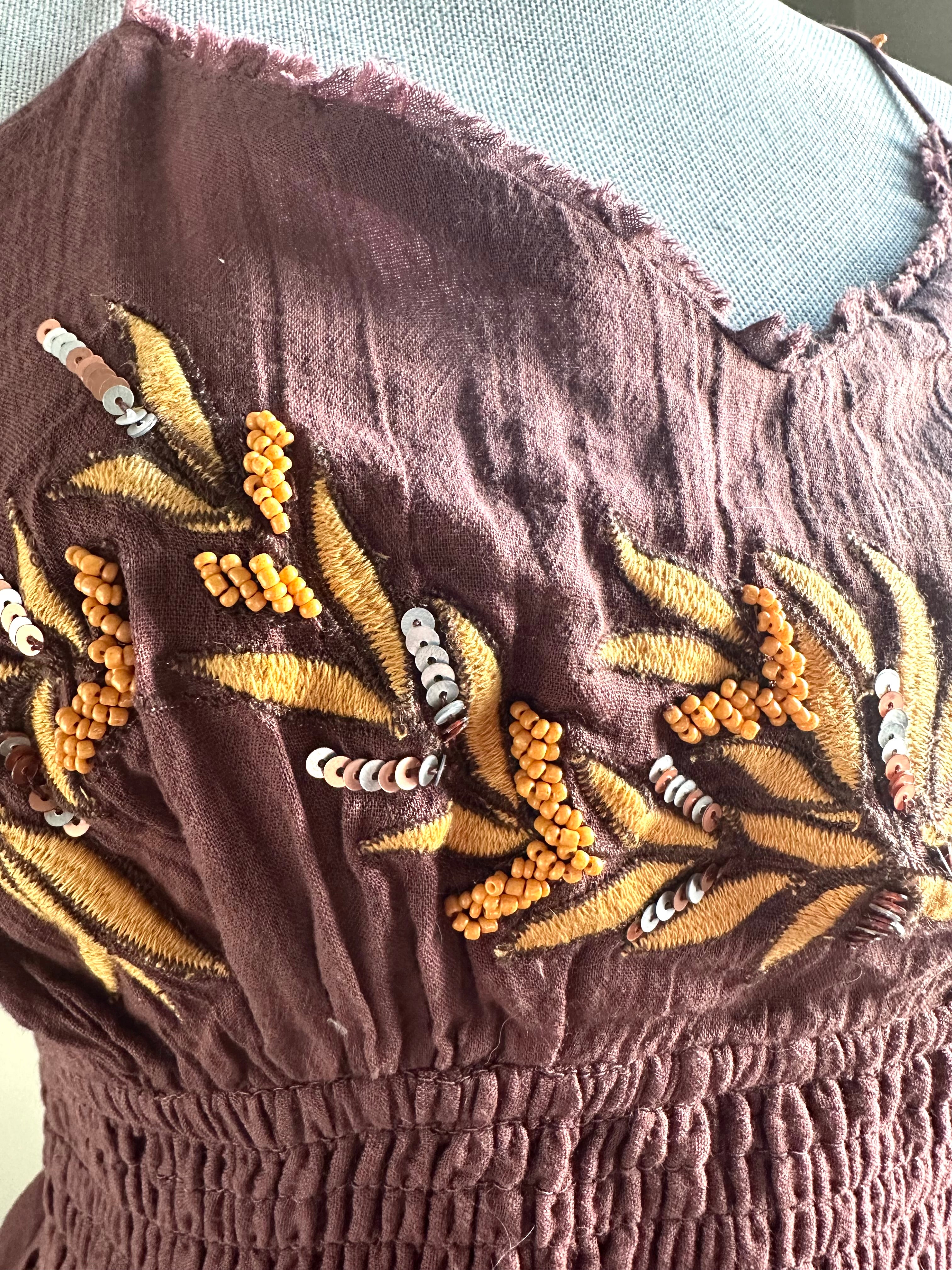 Free People intimately free embroidered strappy beaded tank top in brown NWT size M