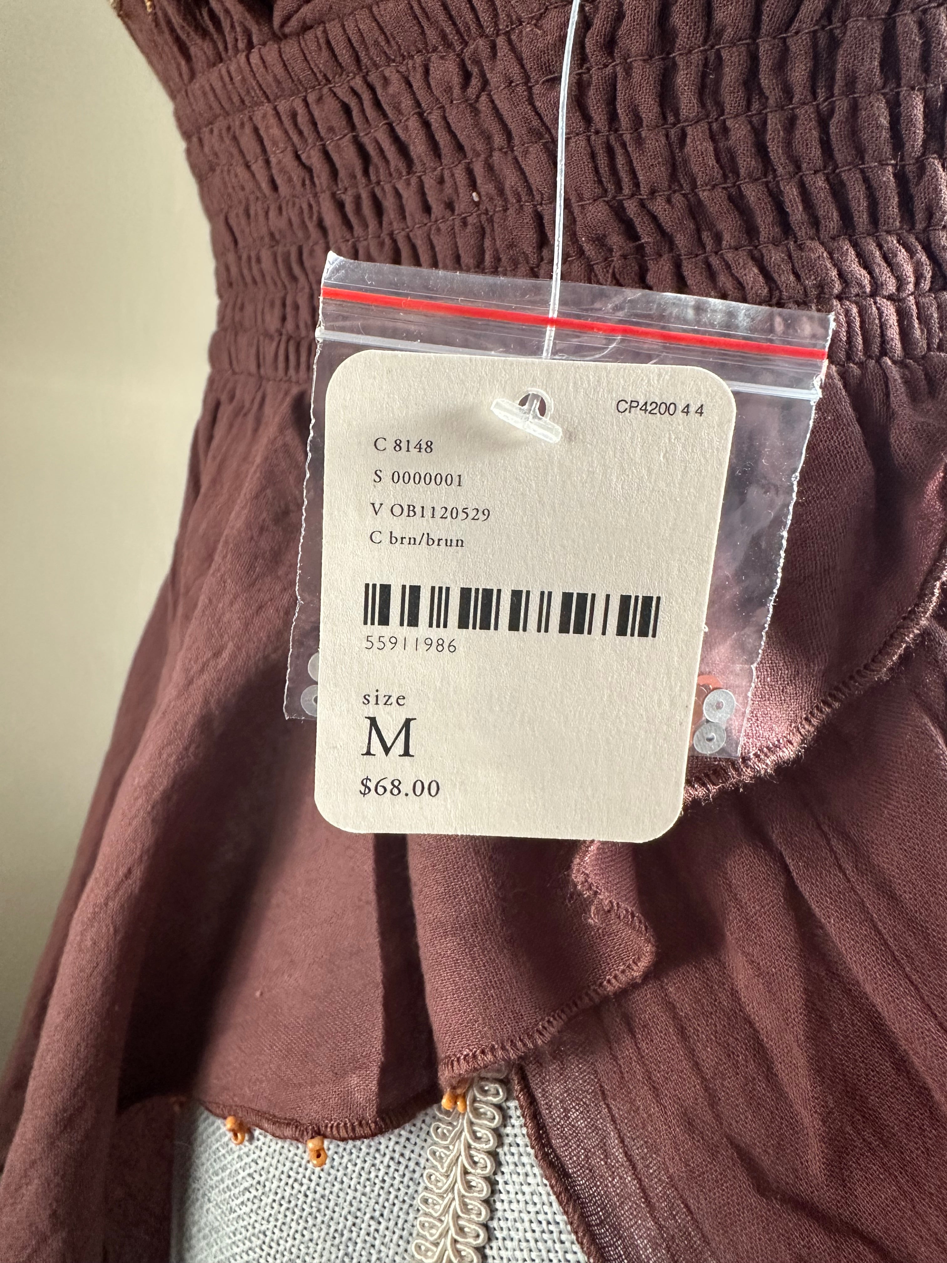 Free People intimately free embroidered strappy beaded tank top in brown NWT size M