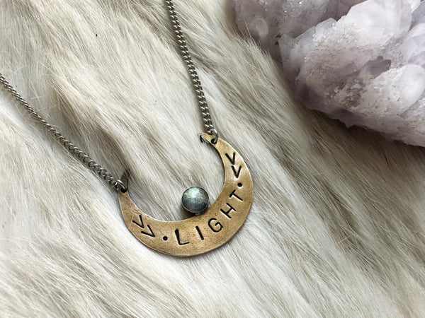 Brass and labradorite crescent moon necklace by Star Native