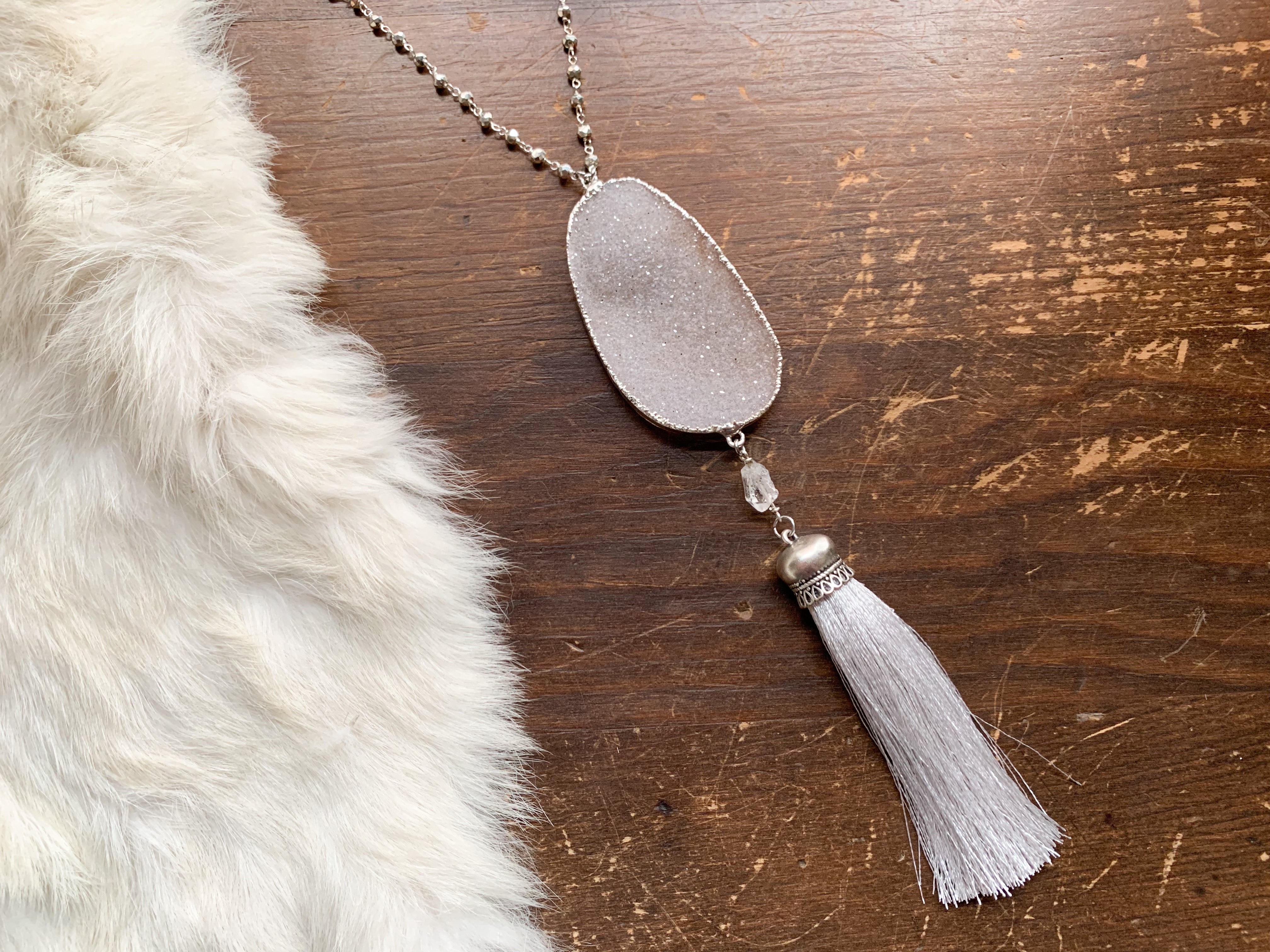 Mala inspired necklace with white druzy and silver pyrite