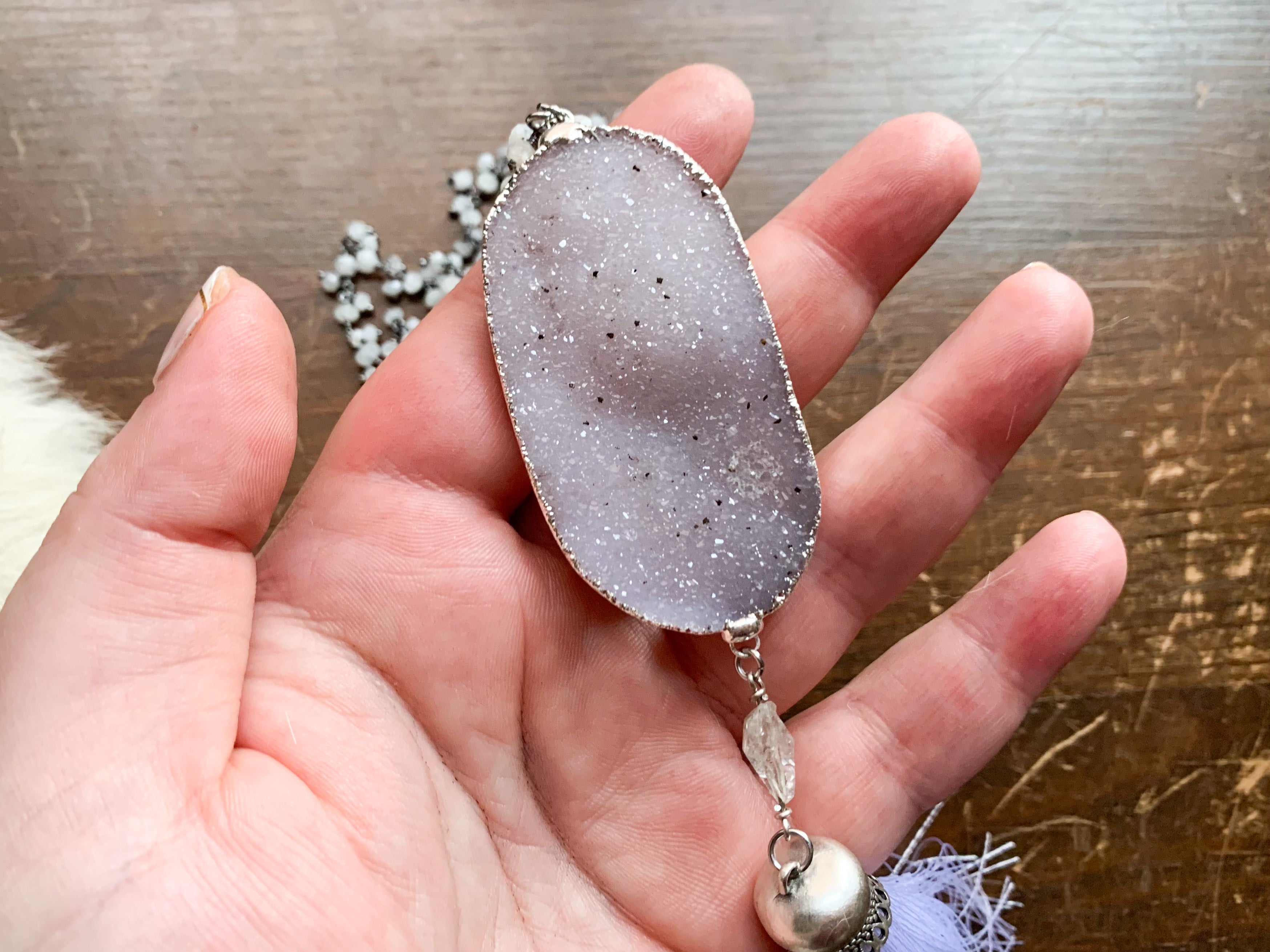 Mala inspired necklace with white druzy and rainbow moonstone