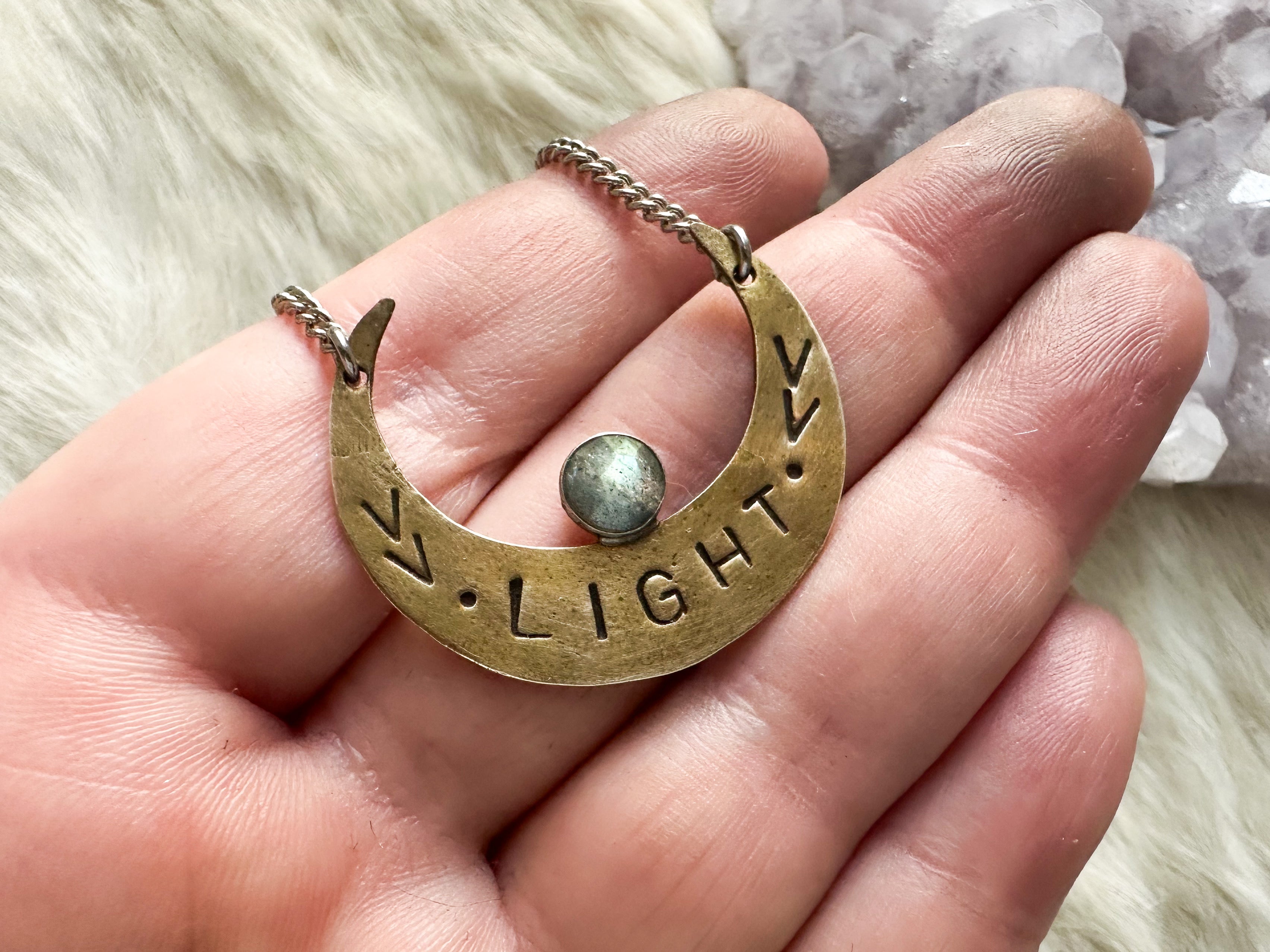 Brass and labradorite crescent moon necklace by Star Native