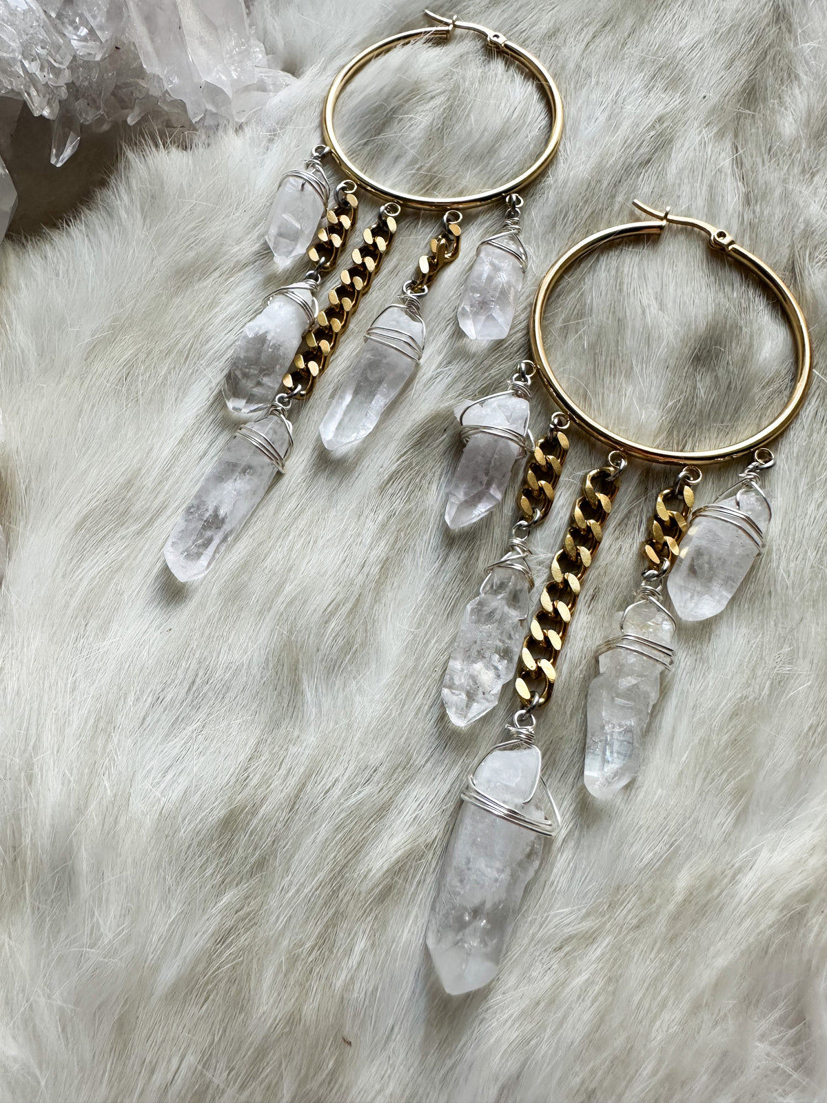 Queen of the Ancients- tibetan quartz gold hoop earrings