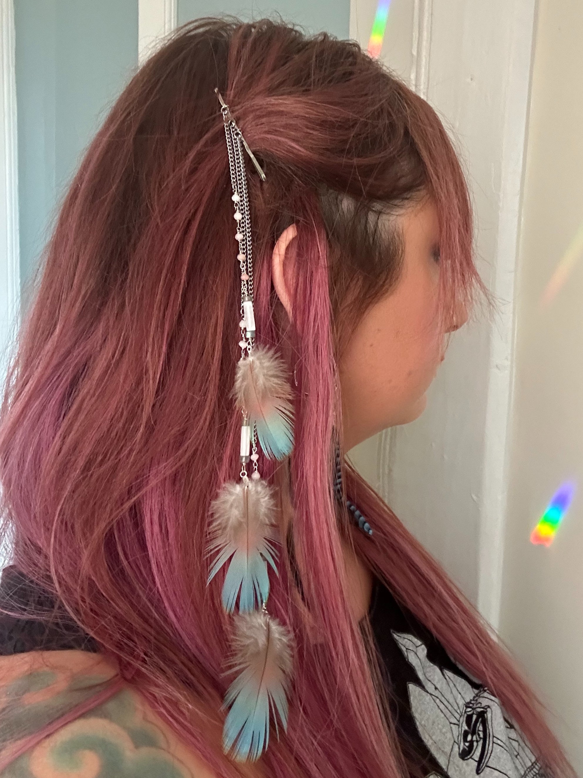 Feather and crystal beaded hair jewelry