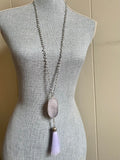 Mala inspired necklace with white druzy and rainbow moonstone